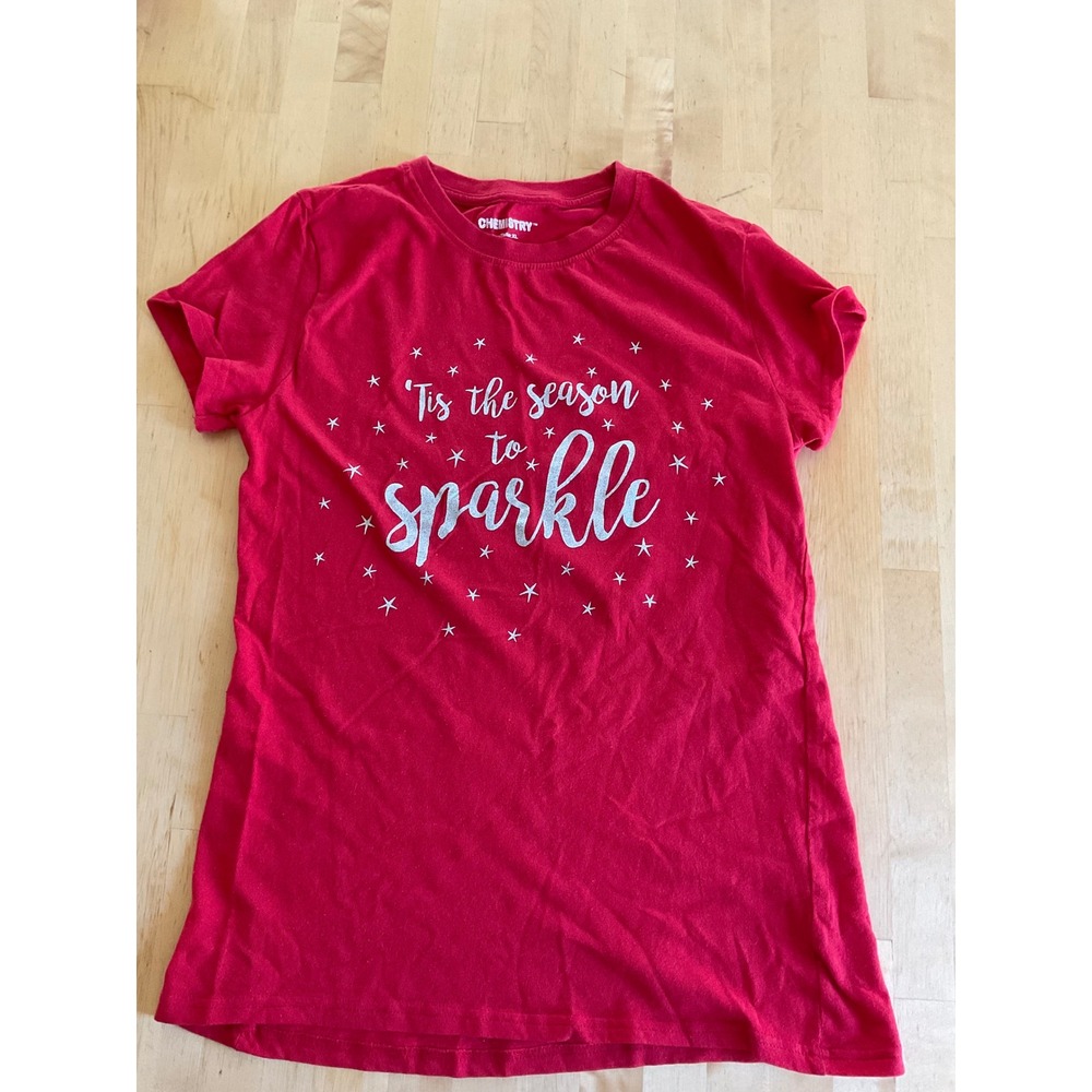Chemistry Girls Red Tis The Season To Sparkle Glitter Star Graphic T-Shirt XL